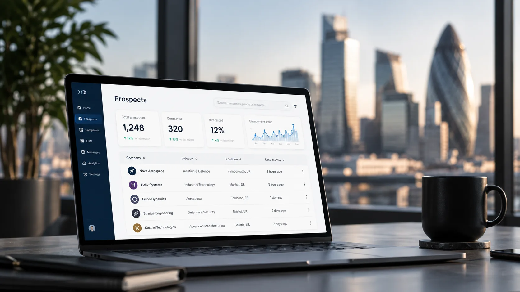 Prospect intelligence dashboard on a laptop overlooking London