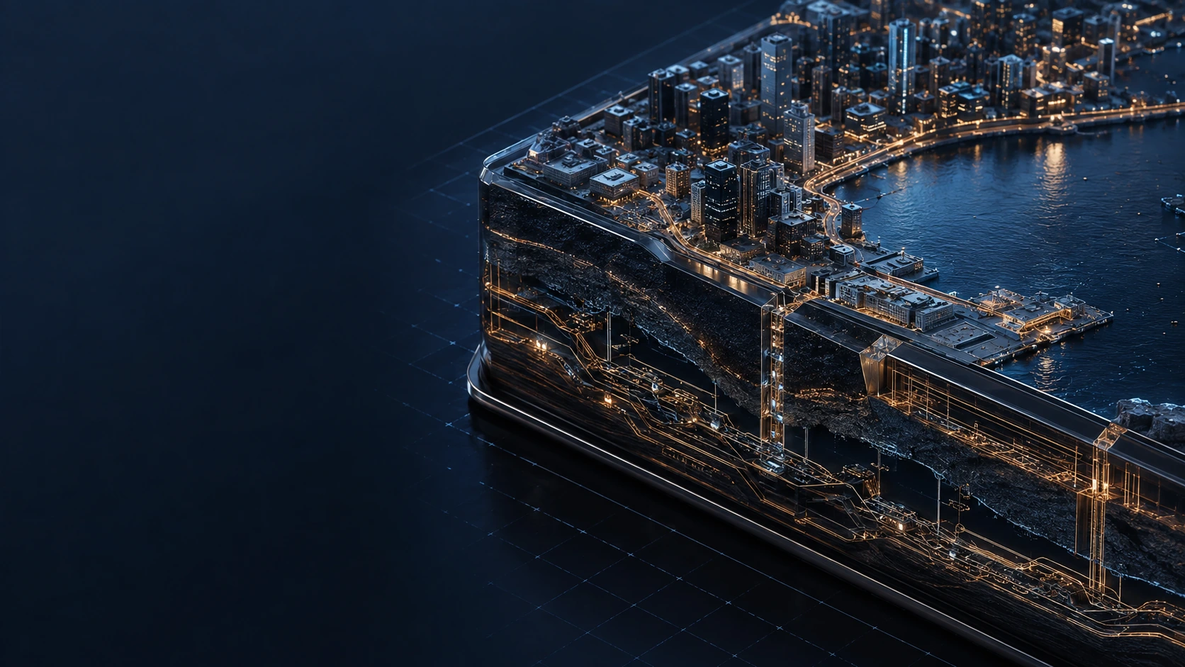 An illustrated coastal city model revealing connected layers beneath its surface