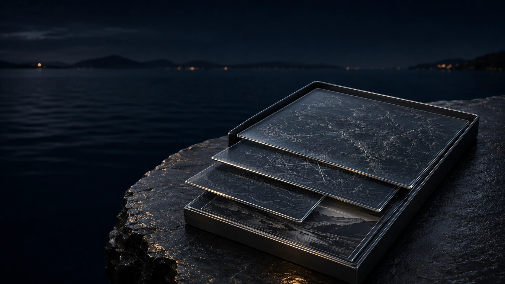 An illustrated archive of glass map layers beside the coast