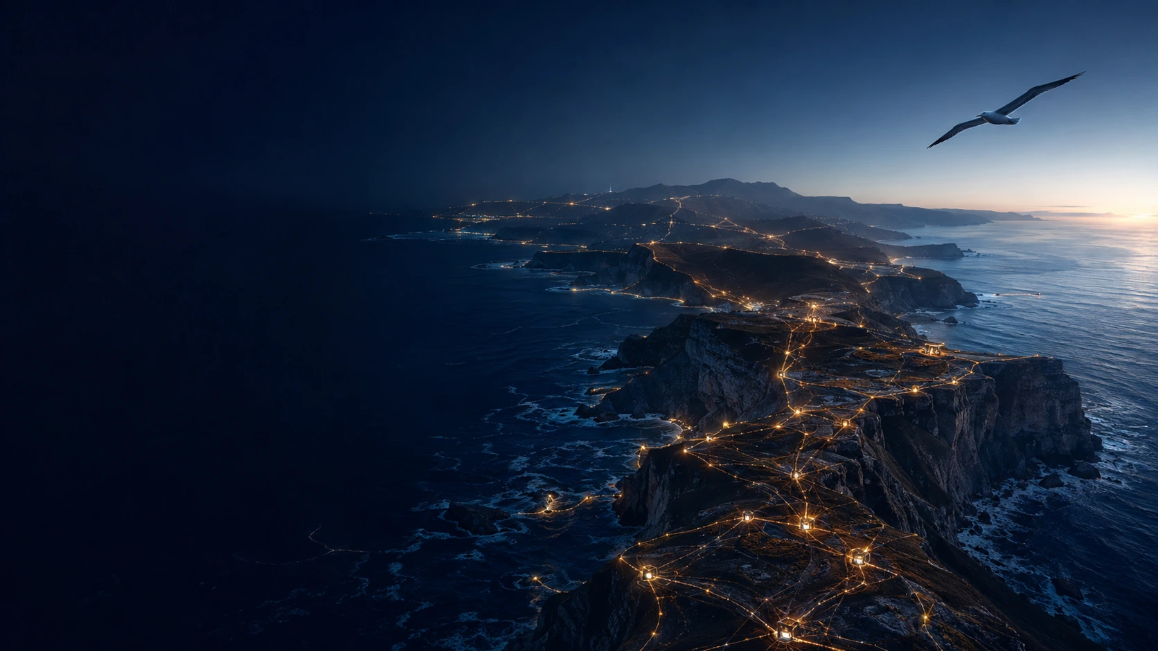 Illustrated coastline at dusk with golden connections tracing the headlands