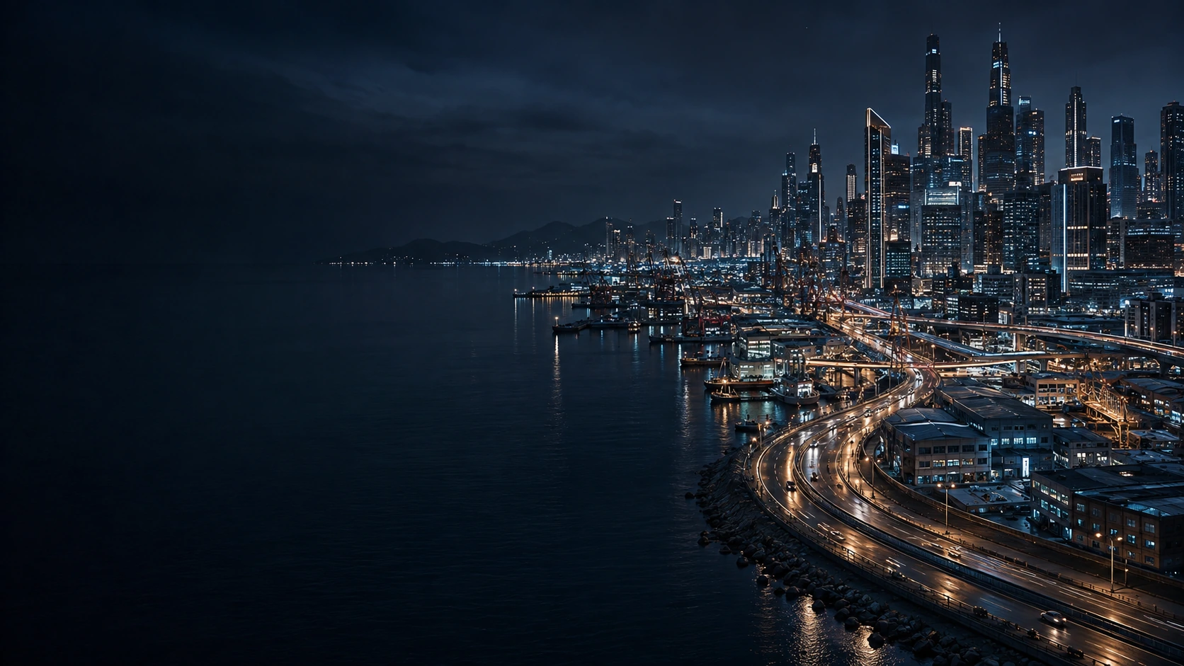An illustrated harbour at night with illuminated routes connecting the waterfront