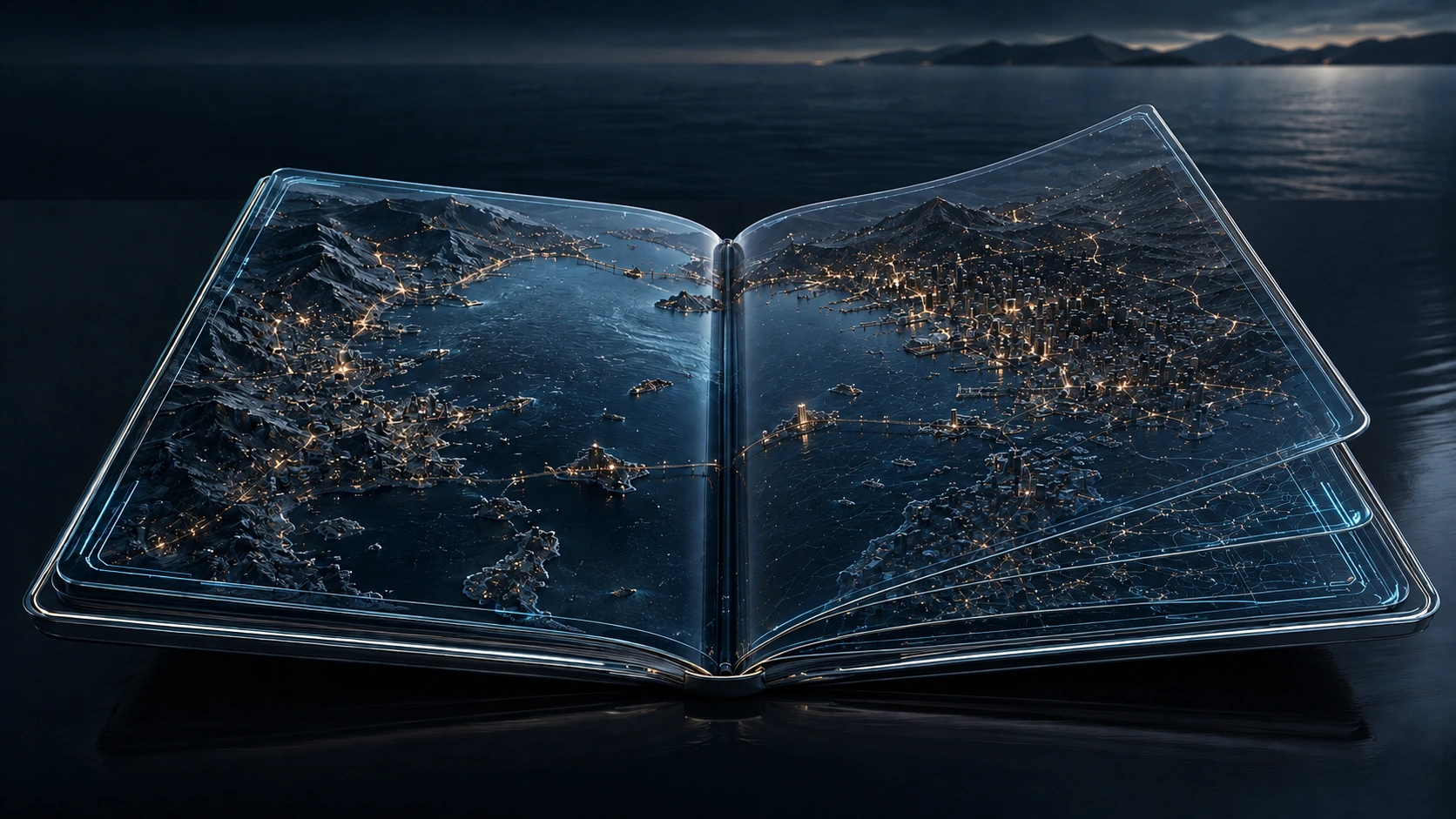 An illustrated glass almanac with a page lifting above a coastal city