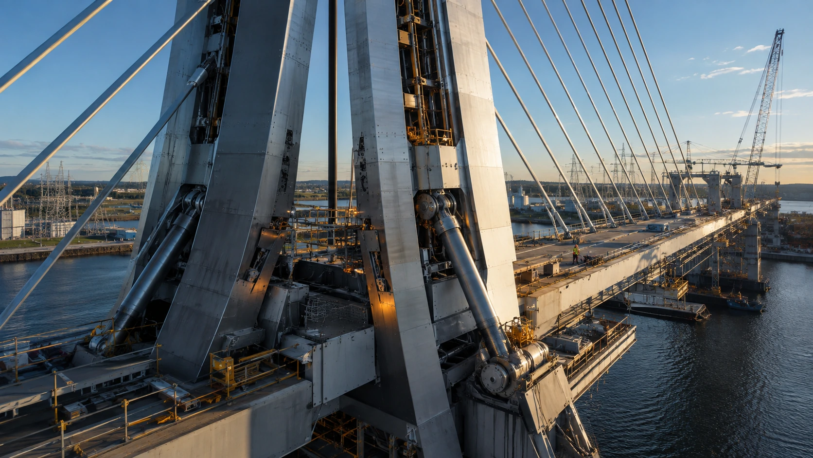 Illustration of a cable-stayed bridge under construction