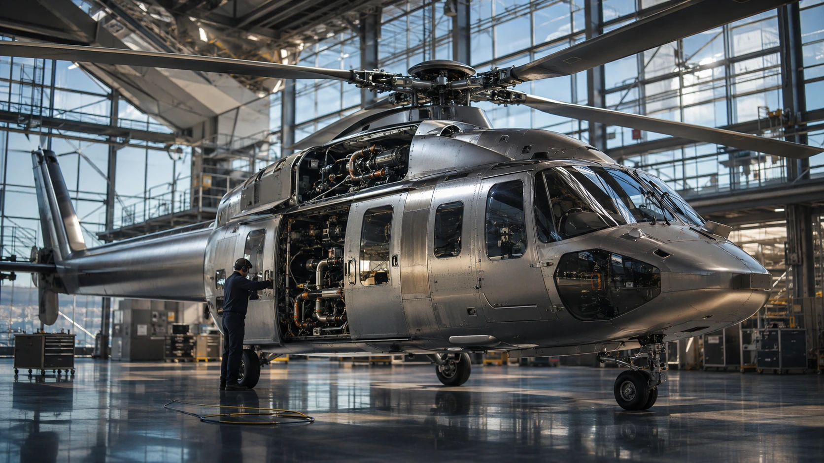 Illustration of a helicopter undergoing maintenance in a hangar